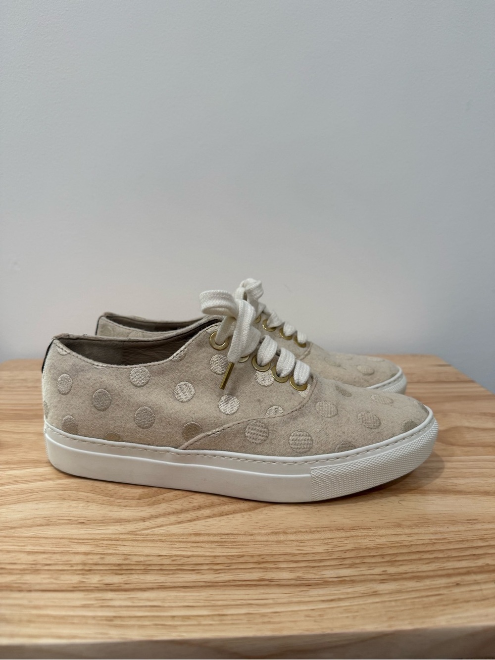The Office of Angela Scott Beige Gold Polka Dot Low Top Sneakers Size 36